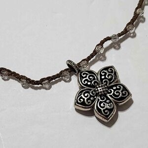 Brighton Flower Pendant Necklace Brown Cord‎ Silver Tone Beads Bohemian Style